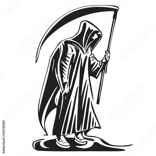 Death in a coat with a hand drawn scythe sketch Vector illustration Halloween cartoon