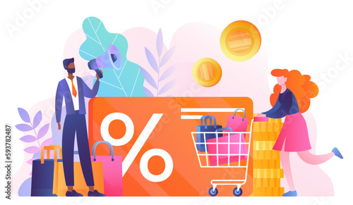Loyalty card concept. Discounts and promotions, advertising and special offer. Earn loyalty program points, special offer for customers. Gift voucher and coupon. Cartoon flat vector illustration