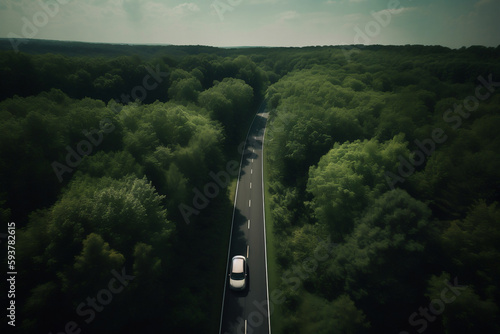Aerial view of green forest with a car on a road, Car driving on the road in the middle of forest trees, Forest road going through the forest with a car. AI-generated