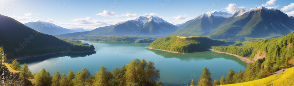 panoramic landscape with lake and mountains. generative ai