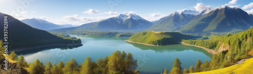 panoramic landscape with lake and mountains. generative ai