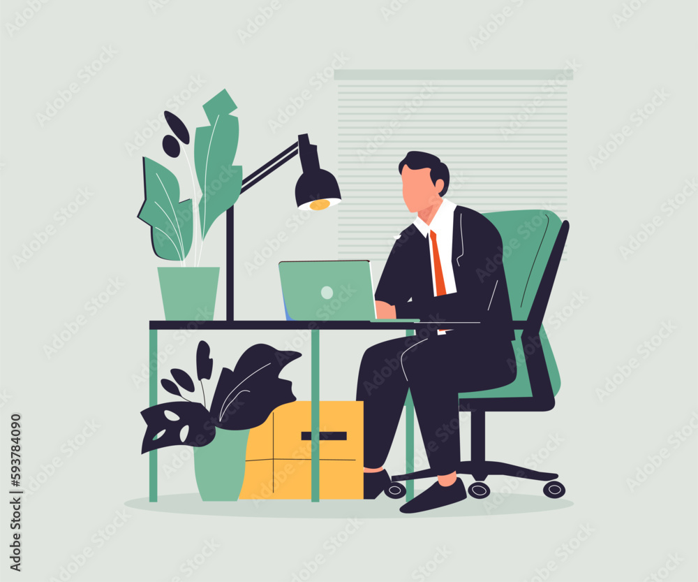 Happy businessman sitting at desktop and working vector illustration. Office work, job satisfaction, productivity Happy businessman sitting at desktop and working vector illustration. Office work, job satisfaction, productivity