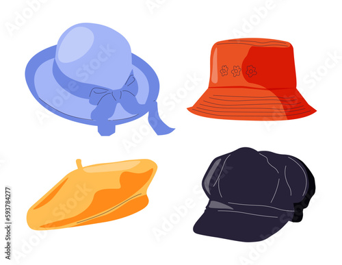 Cartoon hats. Female and male headwear, derby and cowboy, straw hat, cap, panama and cylinder. Summer women vintage