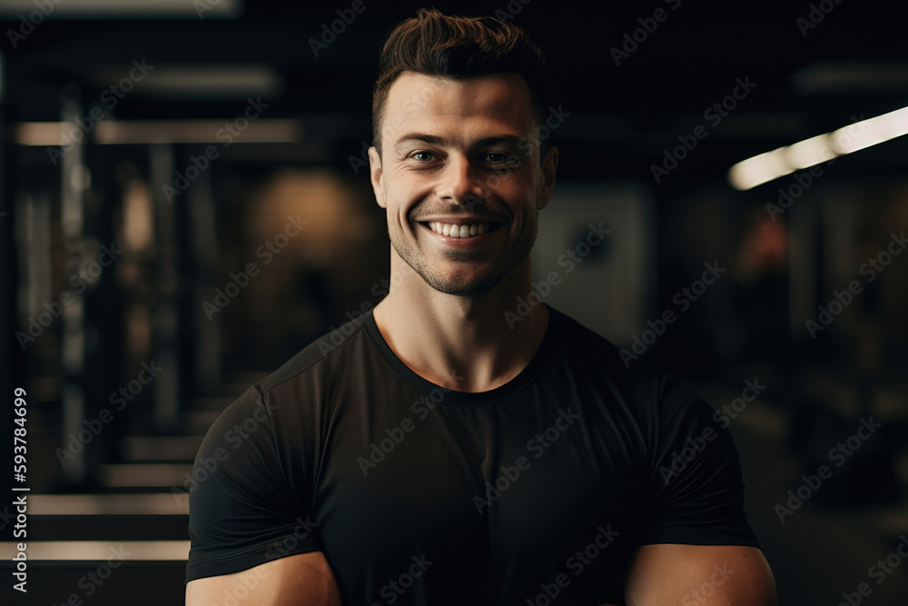 Advertising portrait shot of a personal trainer standing together in a gym and they look at the camera. Generative AI. Advertising portrait shot of a personal trainer standing together in a gym and they look at the camera. Generative AI.