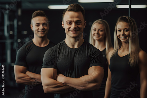 Advertising portrait shot of a personal trainer team standing together in a gym and they look at the camera. Generative AI.