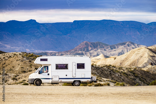 Camper vehiclein Tabernas desert, Spain