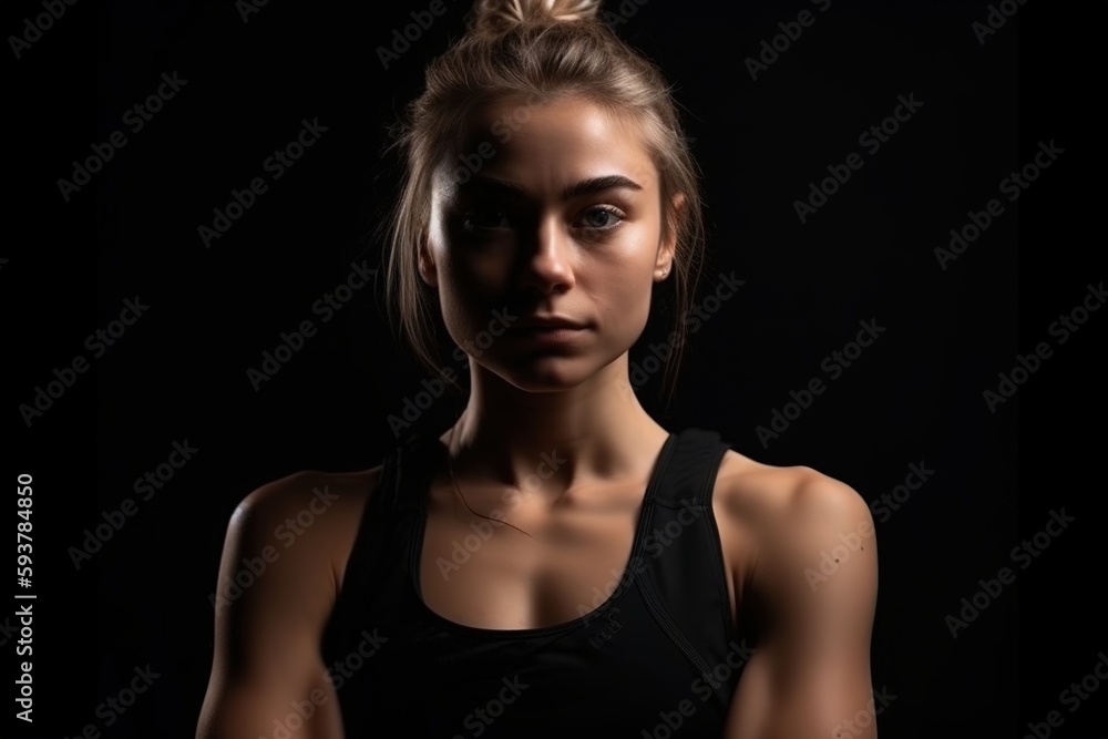 Young athletic woman in sportswear poses for the camera against a black background. Generative AI