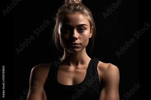 Young athletic woman in sportswear poses for the camera against a black background. Generative AI