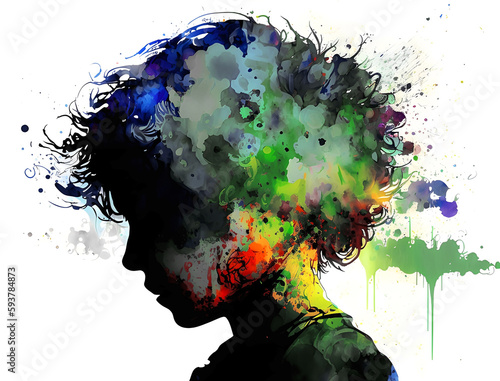 Isolated autistic child ink and watercolor art portrait, person face with color paint splashes, beautiful profile of kid on the spectrum, autism awareness day, neurodiversity, made with AI Generative