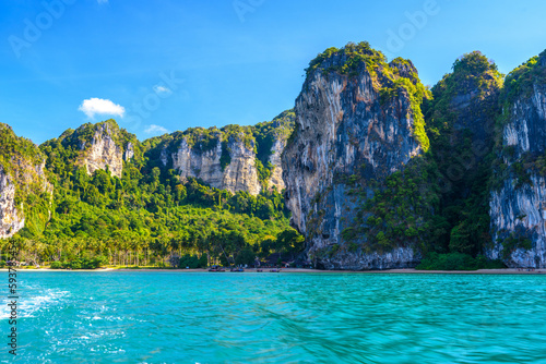 Cliff rocks with azure water in Tonsai Bay, Railay Beach, Ao Nang, Krabi, Thailand