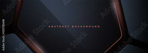 Dark gray and orange hexagonal technology abstract vector background. Orange flashes under hexagon in futuristic modern horizontal technology wide banner. Dark grey honeycomb texture grid.