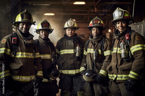 Advertising portrait shot of a firefighters team standing together in a fires station and they look at the camera. Generative AI.