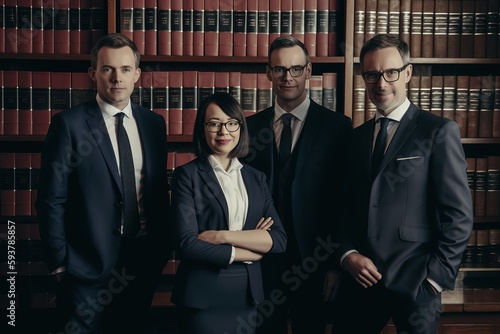 Advertising portrait shot of a lawyers team standing together in a court and they look at the camera. Generative AI. photo