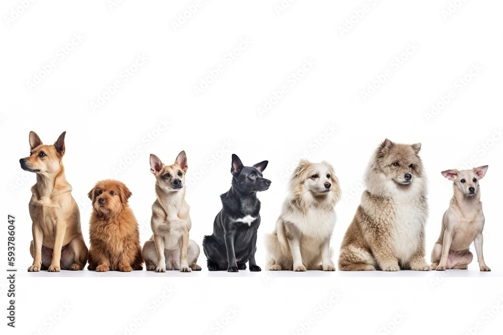 Group of mixed breed dogs sitting in a row on white background. Domestic Animal Banner concept. Generative AI