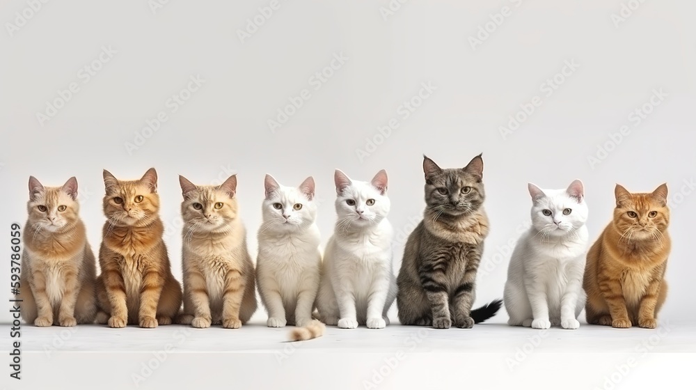 Group of mixed breed cats sitting in a row on white background. Domestic Animal Banner concept. Generative AI