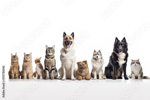 Group of mixed breed dogs and cat sitting in a row on white background. Domestic Animal Banner concept. Generative AI
