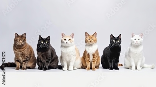 Leinwand Poster Group of mixed breed cats sitting in a row on white background