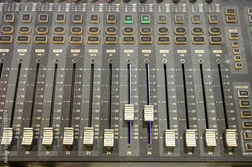 Audio mixer. Close up of professional multitrack mixing console in production studio. Radio station. 