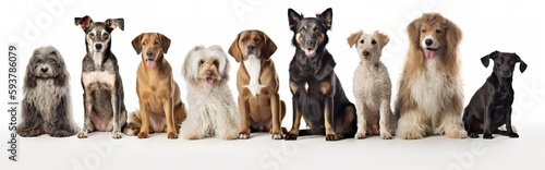 Group of mixed breed dogs sitting in a row on white background. Domestic Animal Banner concept. Generative AI © bluebeat76