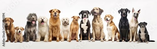 Group of mixed breed dogs sitting in a row on white background. Domestic Animal Banner concept. Generative AI © bluebeat76