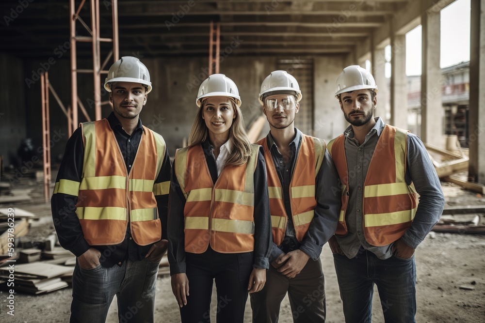 Advertising portrait shot of a surveyors team standing together in a construction site and they look at the camera. Generative AI. Advertising portrait shot of a surveyors team standing together in a construction site and they look at the camera. Generative AI.