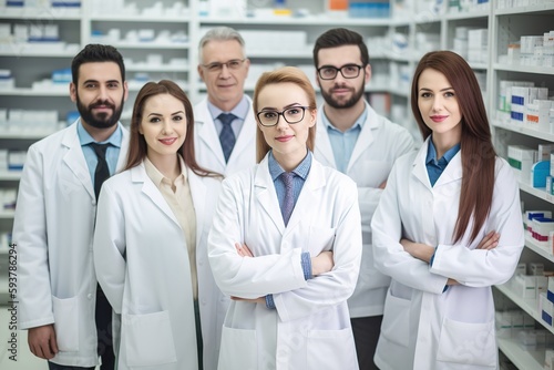 Advertising Portrait shot of a team of pharmacists standing together in a pharmacy and smiling at the camera. Generative AI