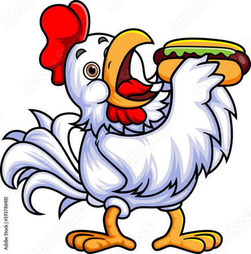 a rooster eats a huge hotdog