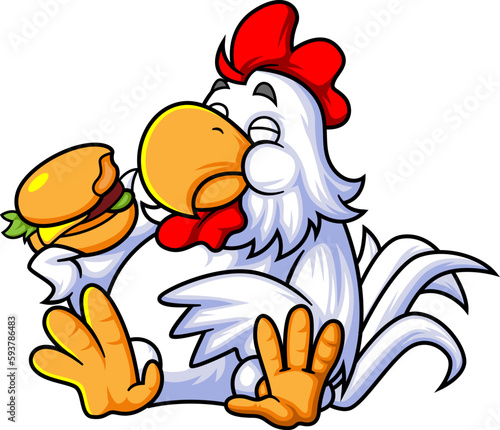 a cute rooster eats a big delicious hamburger