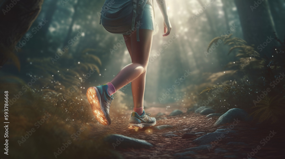 A woman runs in rainy weather, focus on trail running shoes created with generative AI technology