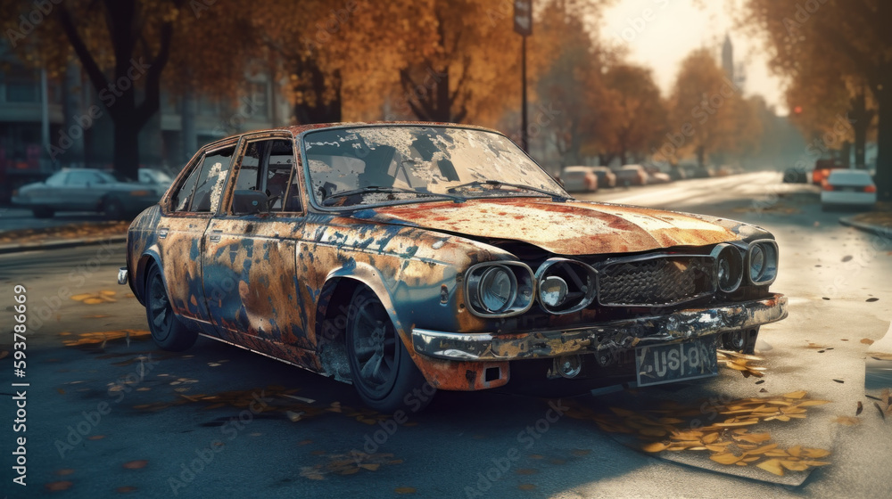Wrecked car in the middle of the road as part of a car collision crime scene created with generative AI technology Wrecked car in the middle of the road as part of a car collision crime scene created with generative AI technology