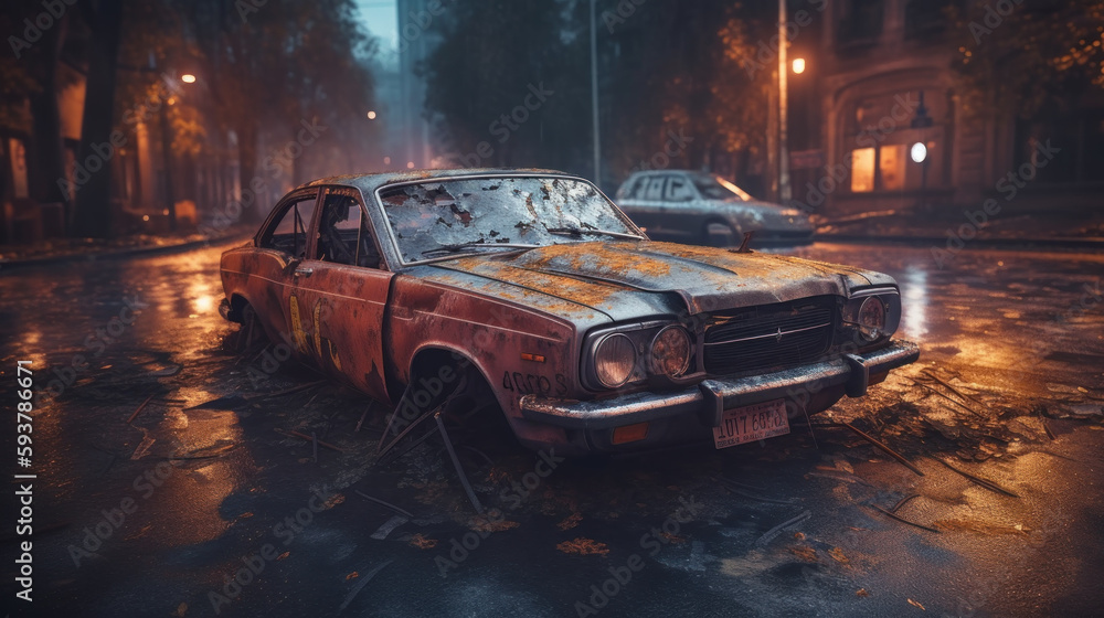 Wrecked car in the middle of the road as part of a car collision crime scene created with generative AI technology