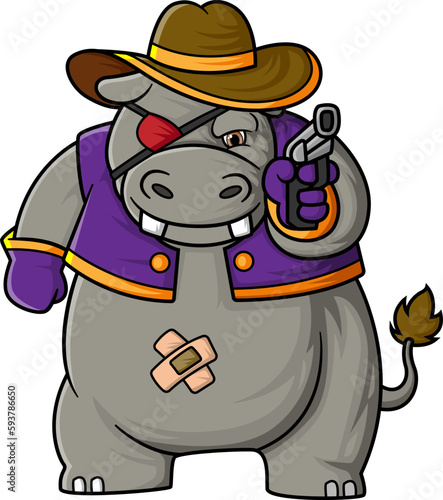 a big and strong hippopotamus wearing a cowboy hat playing the role of a villain