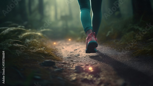 A woman runs in rainy weather, focus on trail running shoes created with generative AI technology