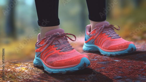 A woman runs in rainy weather  focus on trail running shoes created with generative AI technology
