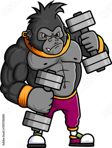 a strong gorilla exercising and lifting two big barbells at the gym