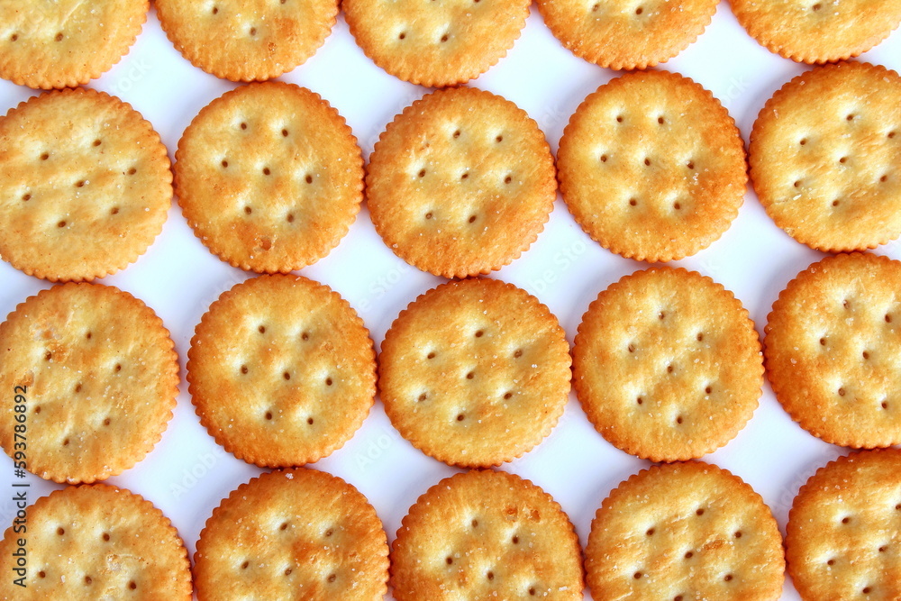lined up of round cracker biscuits or cookie isolated,top view in white background