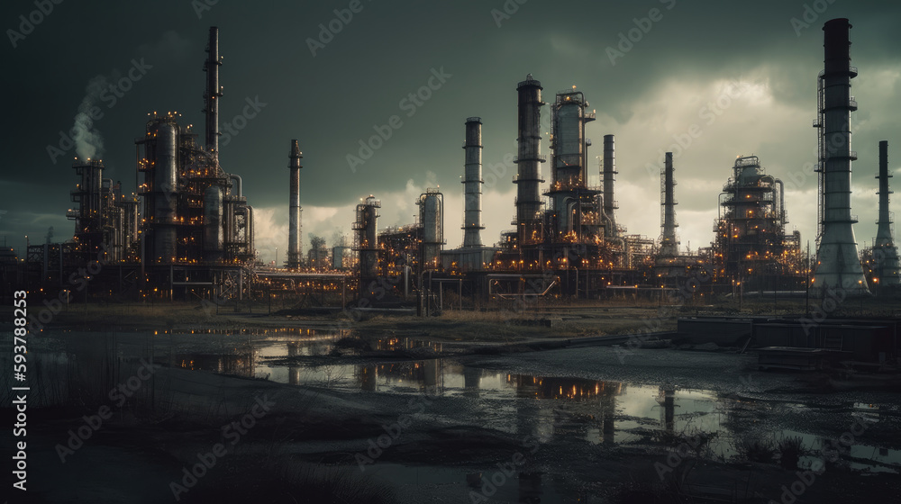 Industrial complex and oil refinery with smokestacks. Al generated