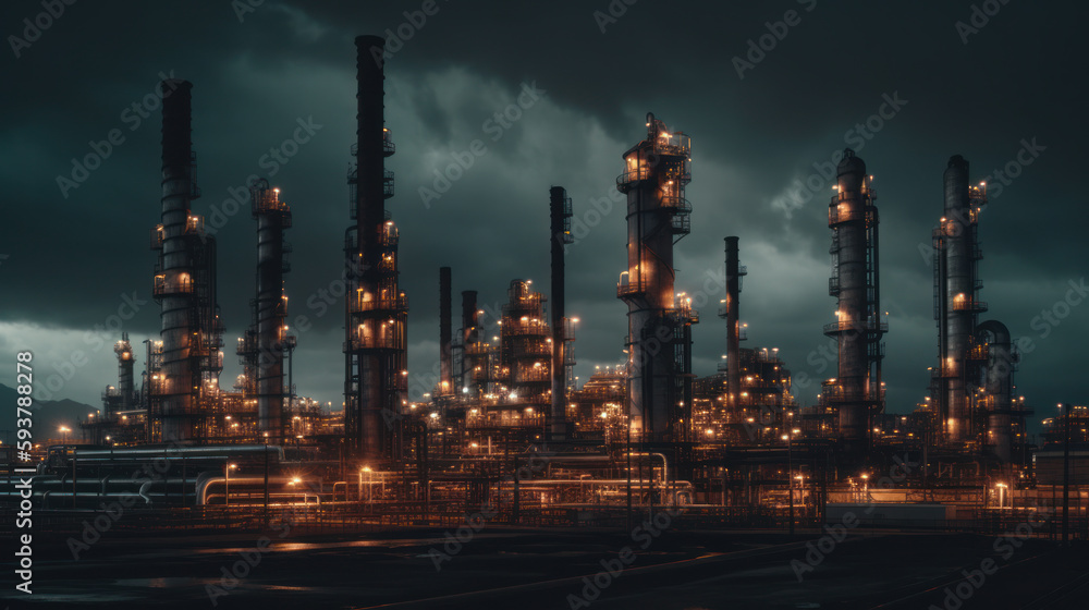 Fototapeta premium Industrial complex and oil refinery with smokestacks. Al generated