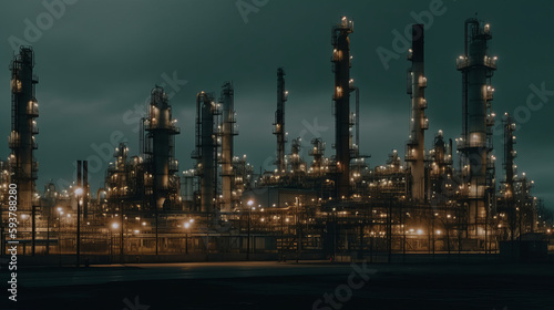Industrial complex and oil refinery with smokestacks. Al generated © ArtStage