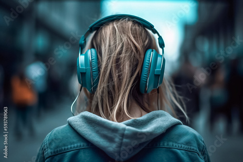 Girl in a busy town street listens to music in wireless headphones. Girl no face visible on the background.