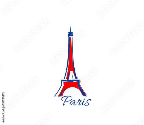 Paris Eiffel tower icon, France travel and tourism landmark, vector French symbol. Eiffel tower tour and Paris city architecture with flag art, tourist monument and world famous building silhouette