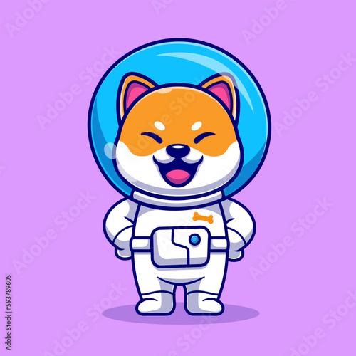 Cute Shiba Inu Astronaut Standing Cartoon Vector Icon Illustration. Animal Science Icon Concept Isolated Premium Vector. Flat Cartoon Style