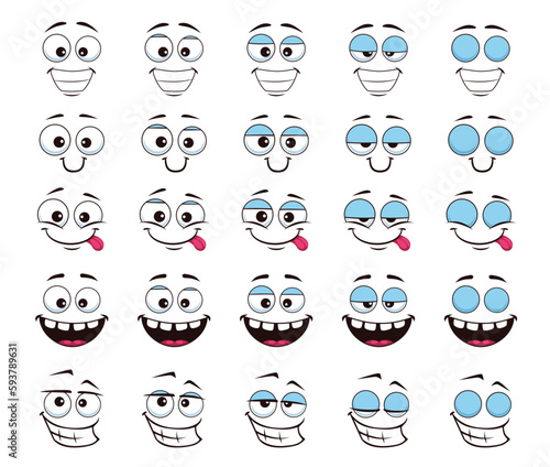 Cartoon giggle face and blink eye animation of emoji icon or emoticons, vector characters. Giggle face animated spread sheet of emoji with blinking eye or winking and laughing smile with funny face