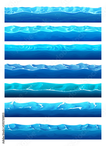Cartoon game water surface with river, ocean or sea and lake waves, vector backgrounds. Marine game UI blue water waves pattern for level platform with sea and ocean wavy ripple and storm tide waves