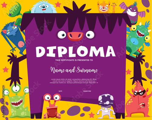 Kids diploma, cartoon funny monster characters and cute space alien personages. Vector education certificate, award or diploma with background frame of colorful flower, mushroom and dragon monsters