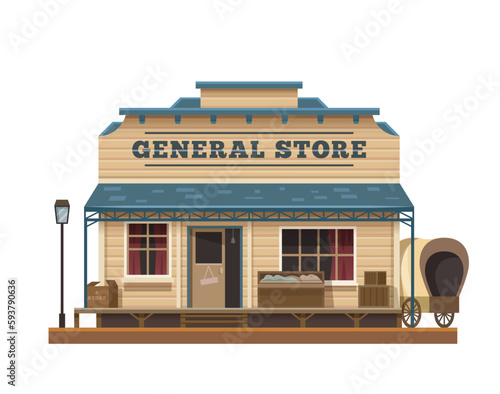 Western Wild West general store town building, vector old american architecture. Cartoon house of Texas town general store, retail shop or grocery with wood facade, windows, door and Wild West wagon