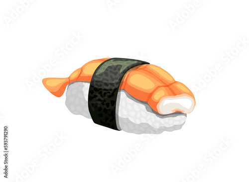 Cartoon shrimp sushi, vector japanese cuisine food, seafood restaurant or sushi bar takeaway dish. Ebi nigiri made of rice, prawn and nori seaweed, takeout meal and bento box menu