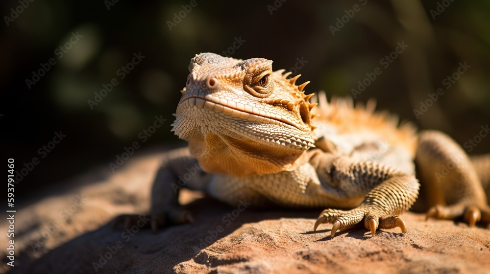 A bearded dragon basks in the warm sunlight on a flat rock A bearded dragon basks in the warm sunlight on a flat rock