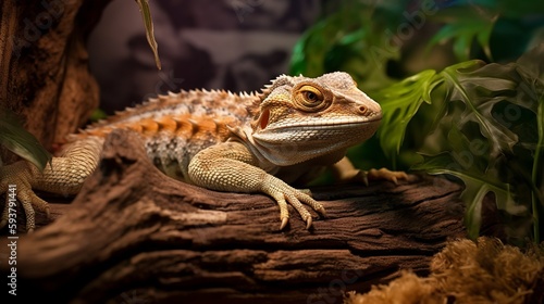 A bearded dragon rests on a log in a terrarium, surrounded by foliage and other reptile-friendly accessories