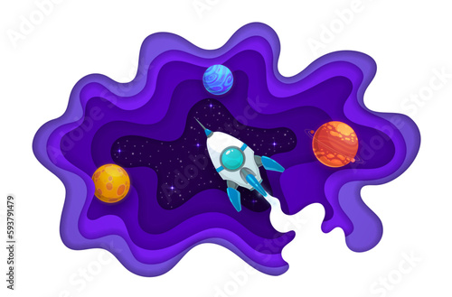 Space paper cut. Space rocket, planets and starry galaxy universe vector landscape in 3d wavy layered origami frame. Double exposure cartoon galaxy with planets, stars and alien world spaceship